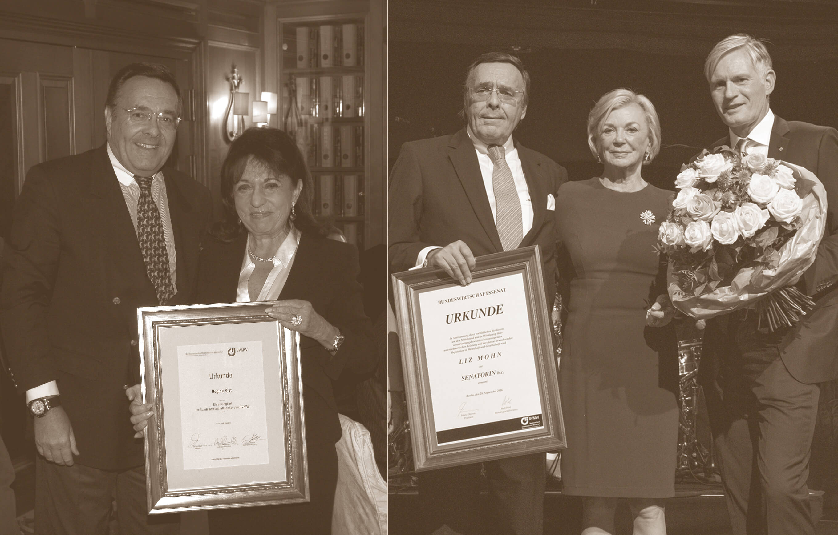 Foto Verleihung der Senatorenwürde an Regine Sixt 2011 (links) und an Liz Mohn 2016